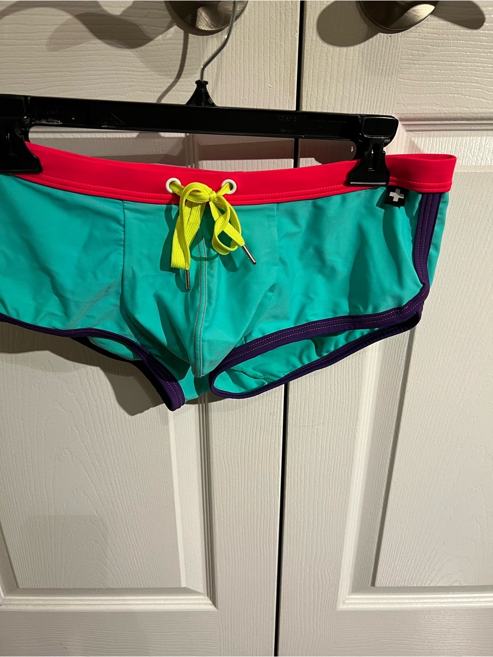 Andrew Christian Teal Swim Trunks with Pink Waistband and Neon Yellow Drawstring